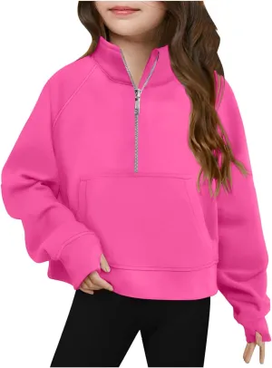 Half Zip Crop Sweatshirt for Girls Lightweight Fashion Long Sleeve Pullover Fleece Winter Sweatshirts 5-13 Years