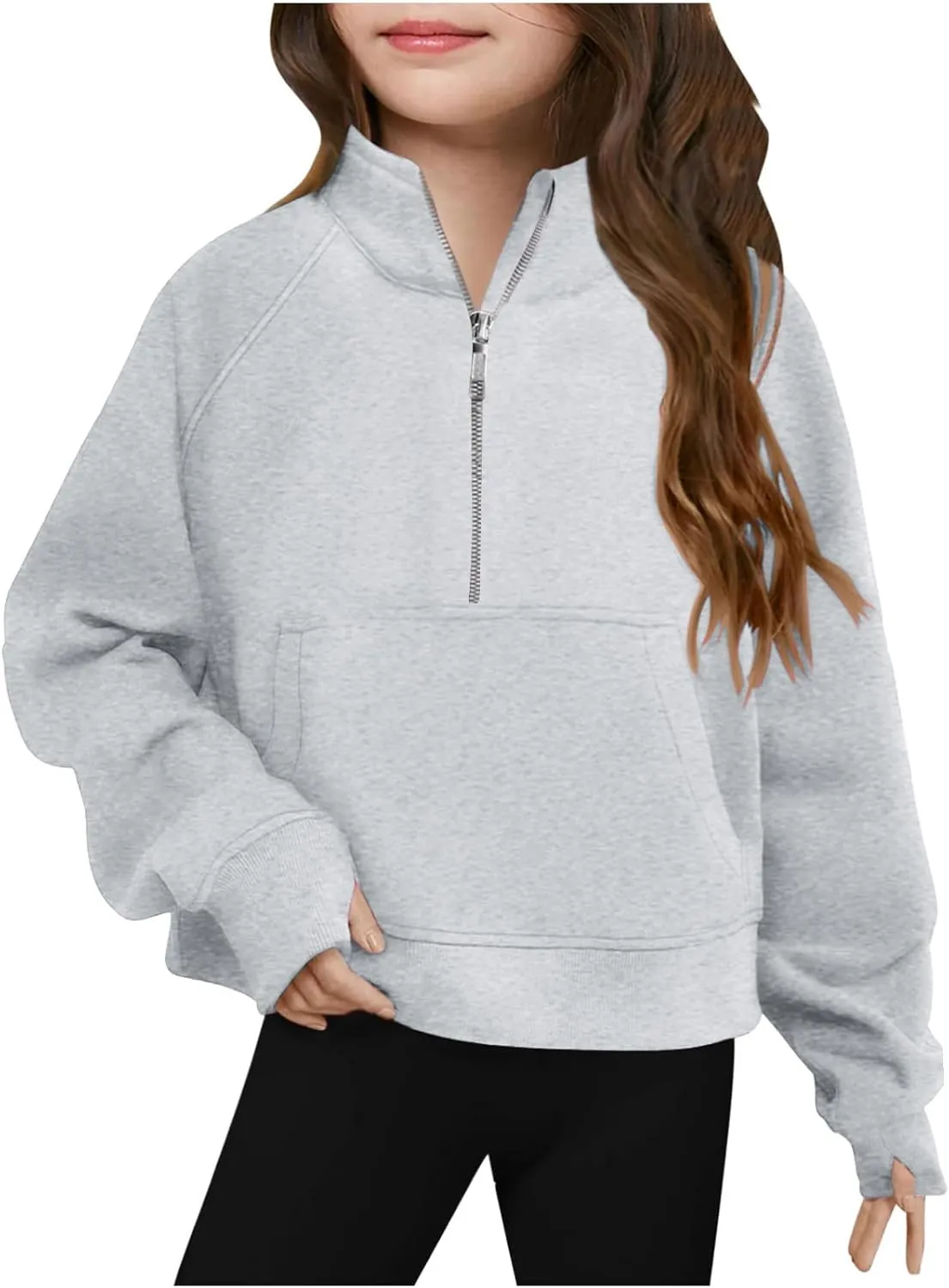 Half Zip Crop Sweatshirt for Girls Lightweight Fashion Long Sleeve Pullover Fleece Winter Sweatshirts 5-13 Years