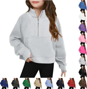 Half Zip Crop Sweatshirt for Girls Lightweight Fashion Long Sleeve Pullover Fleece Winter Sweatshirts 5-13 Years