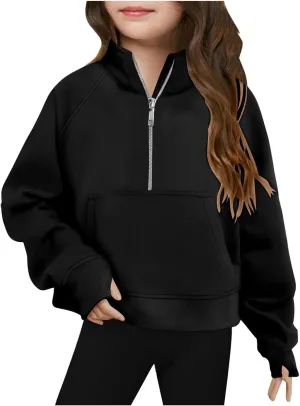 Half Zip Crop Sweatshirt for Girls Lightweight Fashion Long Sleeve Pullover Fleece Winter Sweatshirts 5-13 Years