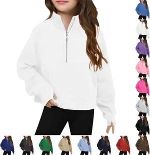 Half Zip Crop Sweatshirt For Girls Long Sleeve Pullover Tops Kids Lightweight Fleece Winter Clothes 5-13 Years
