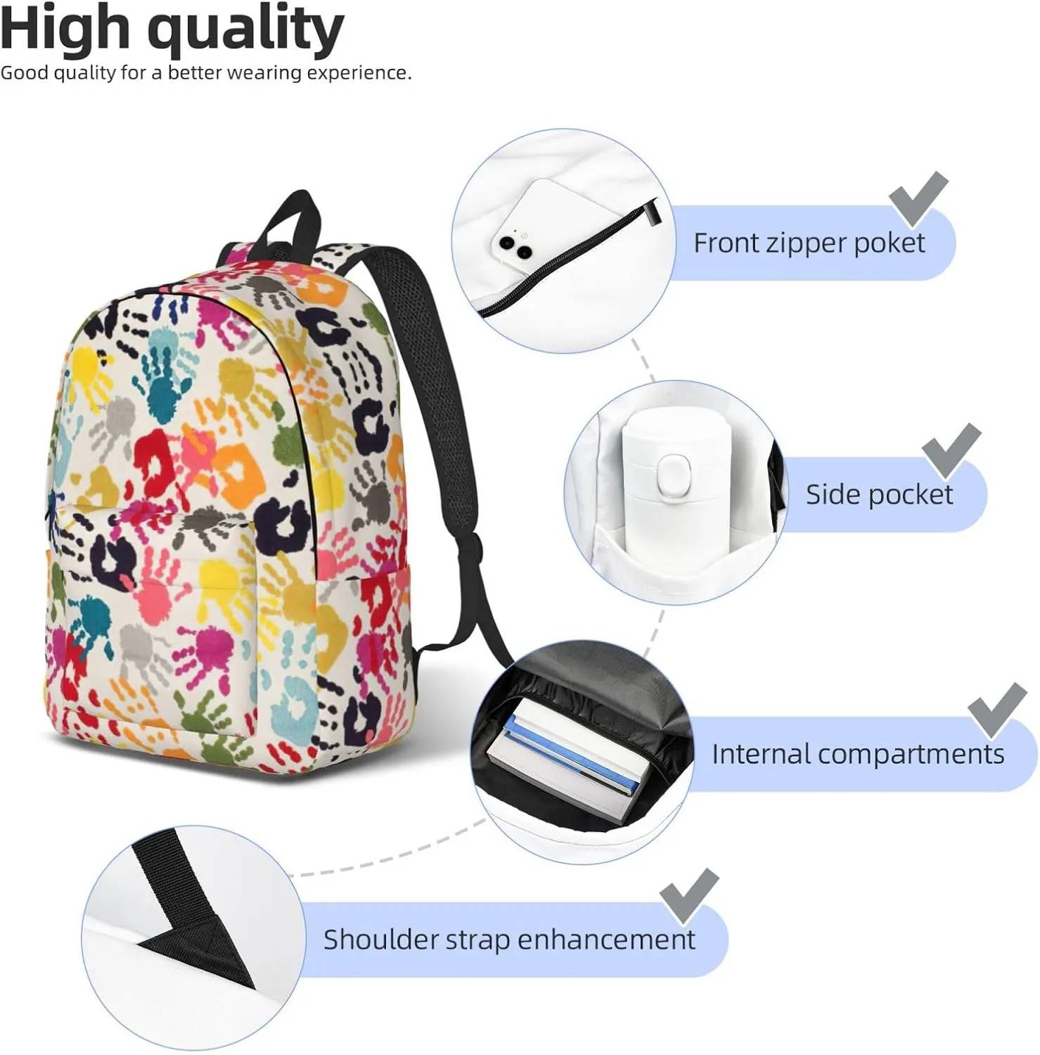 Hand Print Print Versatile Backpack Travel Backpack, Laptop Holder - Casual Daypack 15 In Laptops