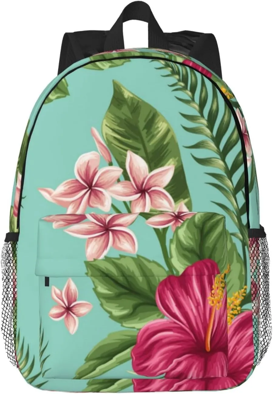 Hawaiian Tropical Leaves Flowers Print Unisex Lightweight Backpack Work Backpack, Versatile Adult Laptop Backpack Hiking