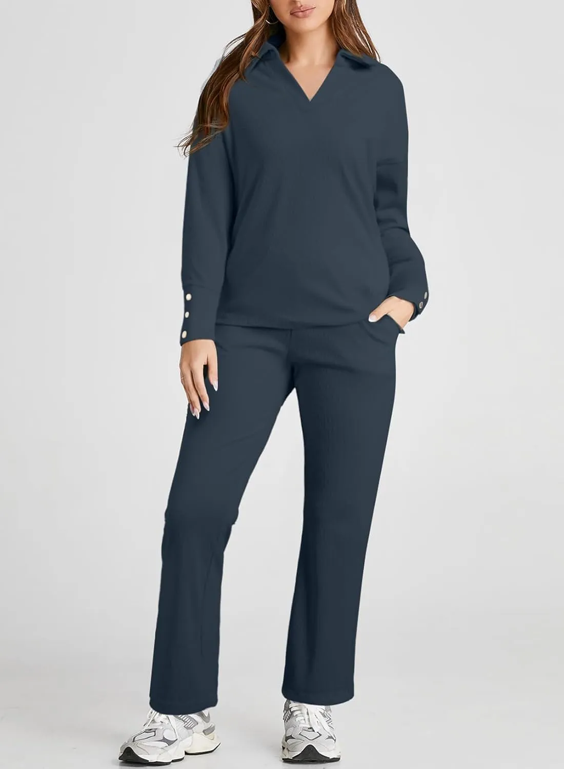 Herseas Women Sweater Set 2 Piece Outfits 2024 Long Sleeve Knit Lapel V Neck Tops High Waist Wide Leg Pants Lounge Sets