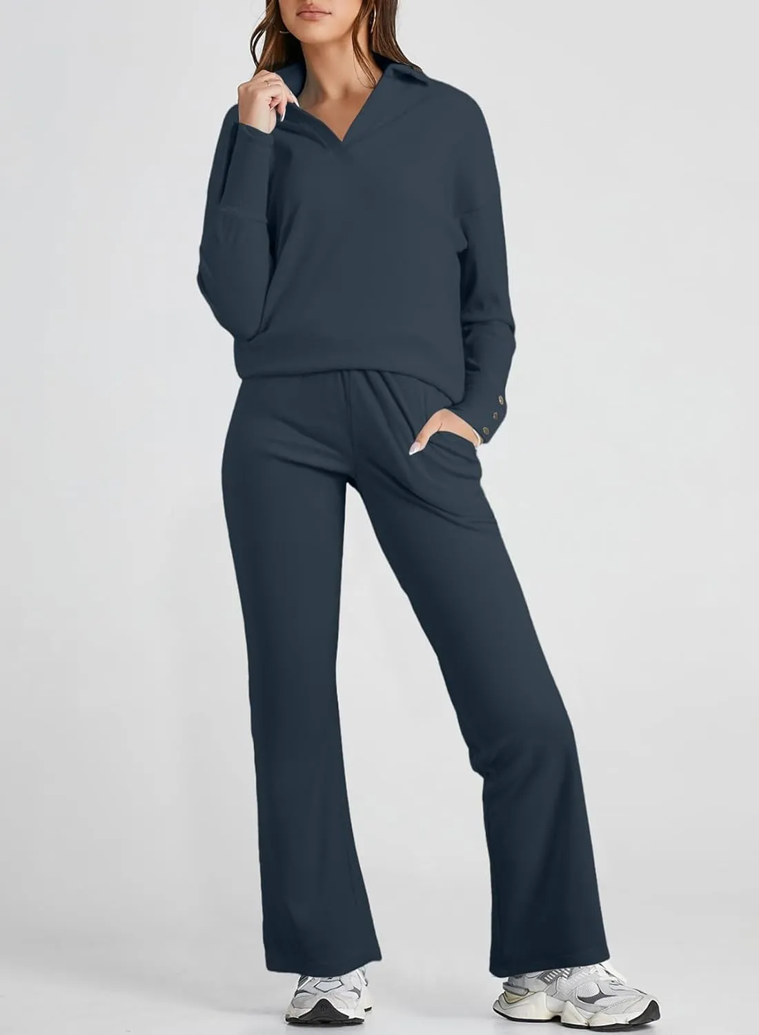 Herseas Women Sweater Set 2 Piece Outfits 2024 Long Sleeve Knit Lapel V Neck Tops High Waist Wide Leg Pants Lounge Sets