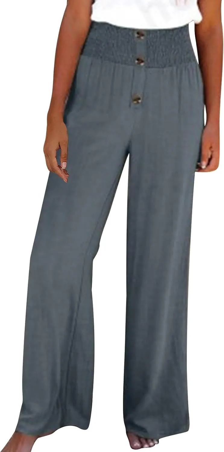 High Waisted Linen Pants Women Wide Leg Linen Pants for Women Baggy Breathable Flowy Pants Trousers with Pockets