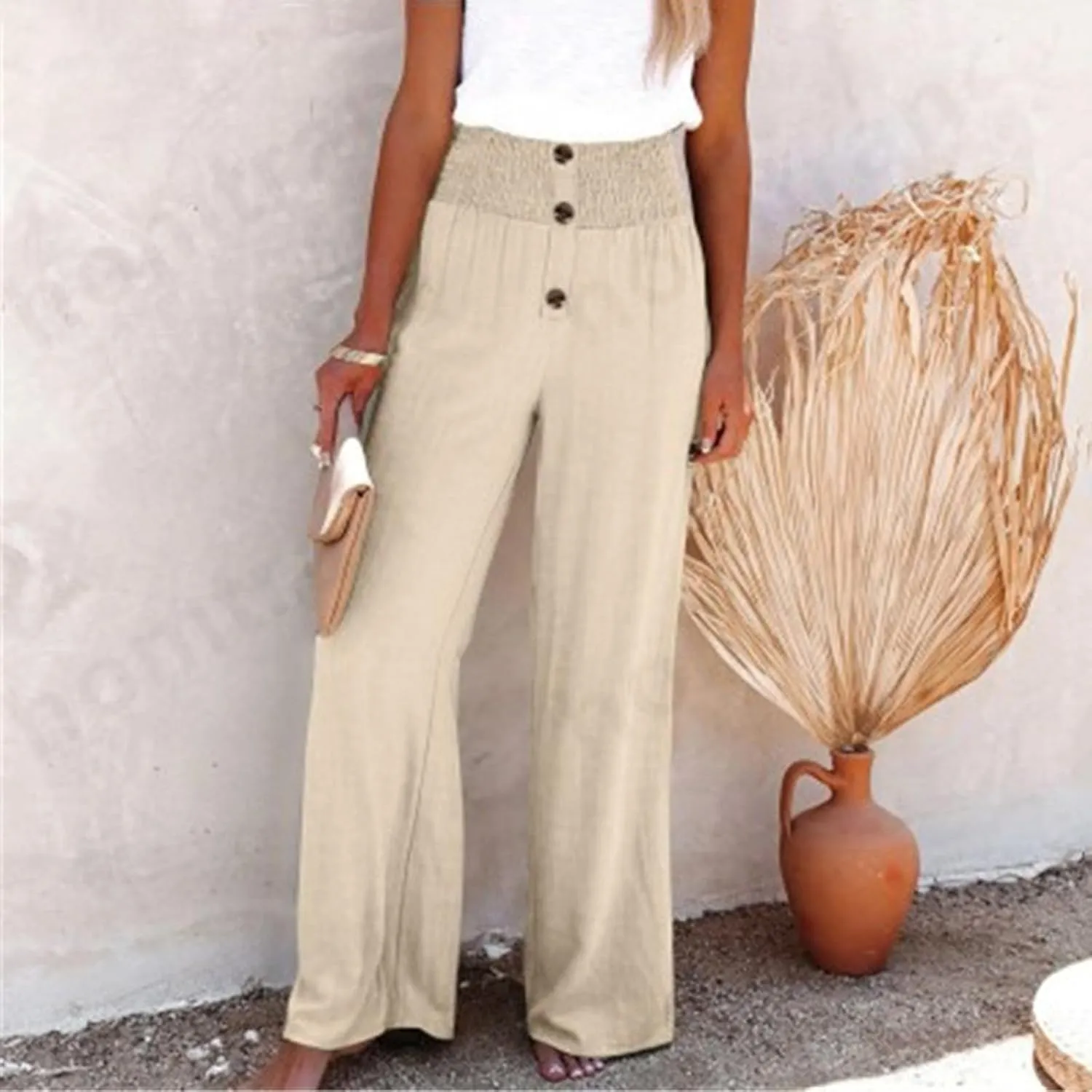High Waisted Linen Pants Women Wide Leg Linen Pants for Women Baggy Breathable Flowy Pants Trousers with Pockets