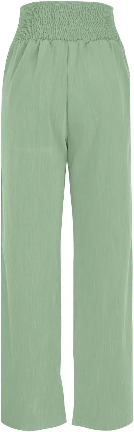 High Waisted Linen Pants Women Wide Leg Linen Pants for Women Baggy Breathable Flowy Pants Trousers with Pockets