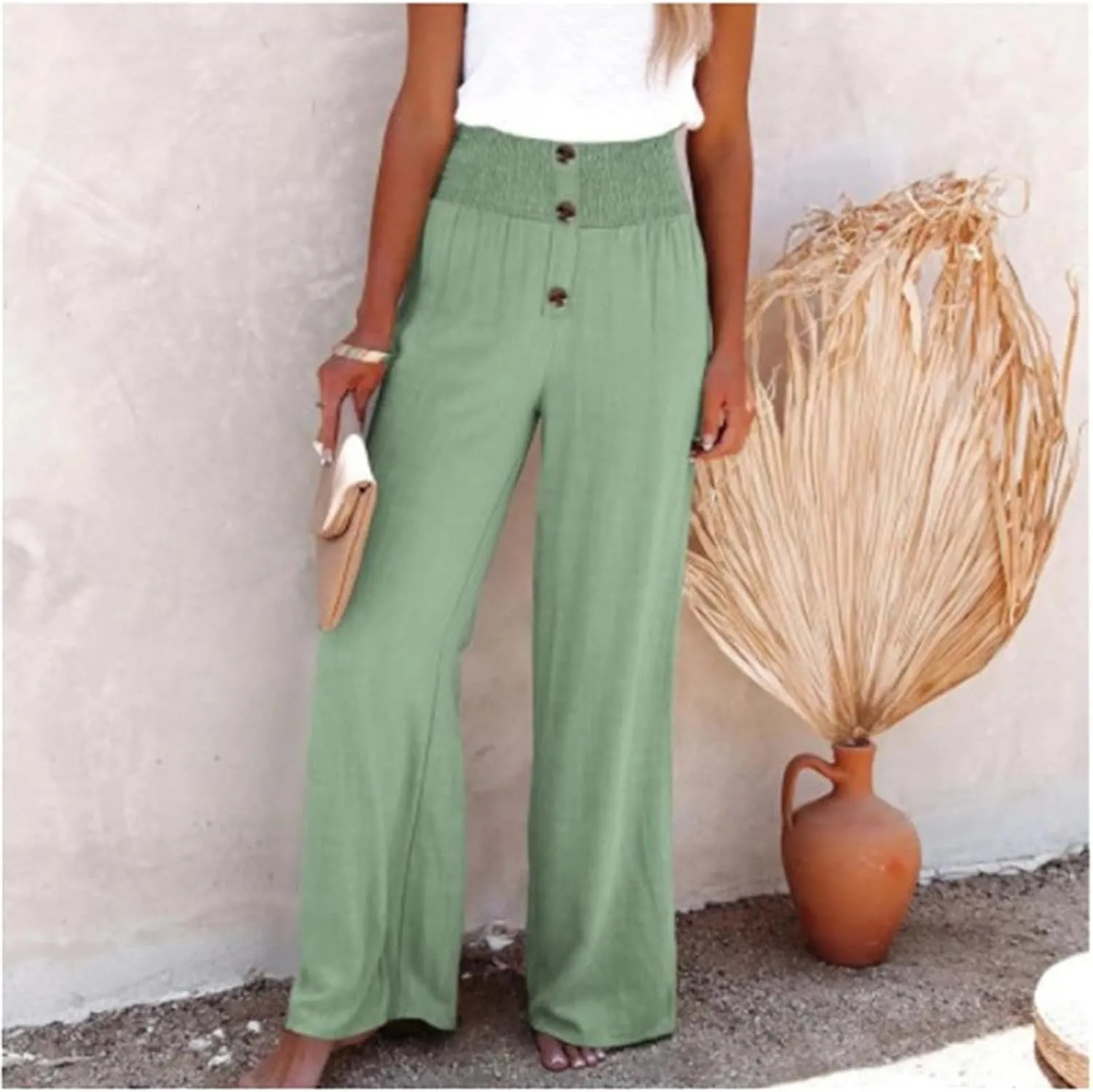 High Waisted Linen Pants Women Wide Leg Linen Pants for Women Baggy Breathable Flowy Pants Trousers with Pockets