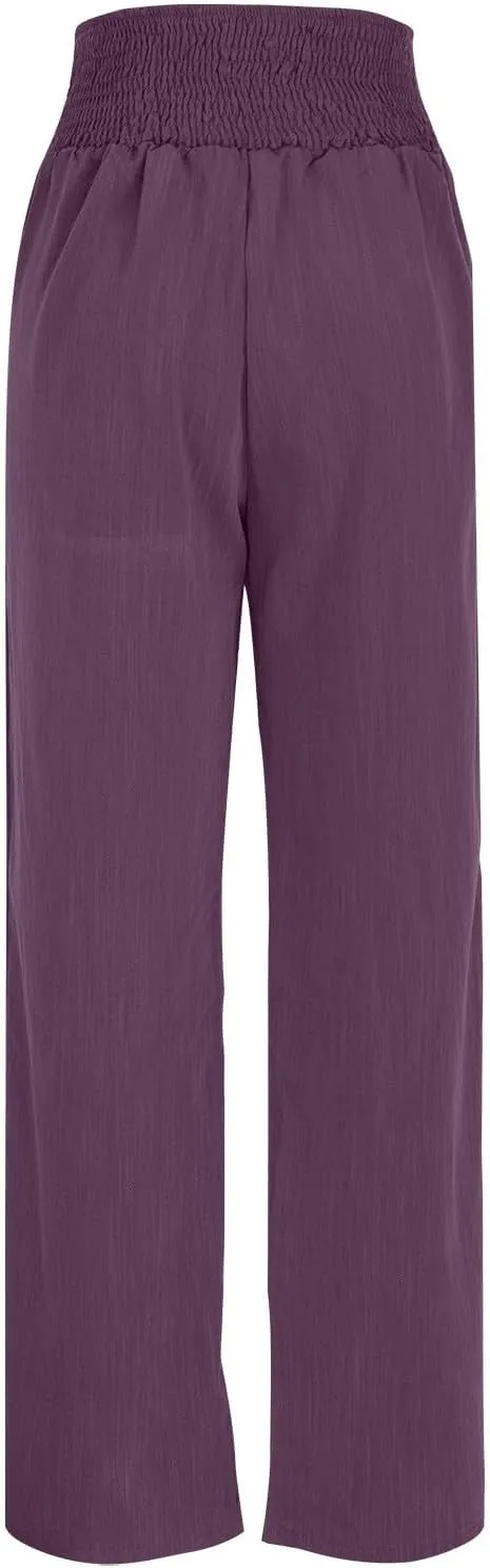 High Waisted Linen Pants Women Wide Leg Linen Pants for Women Baggy Breathable Flowy Pants Trousers with Pockets
