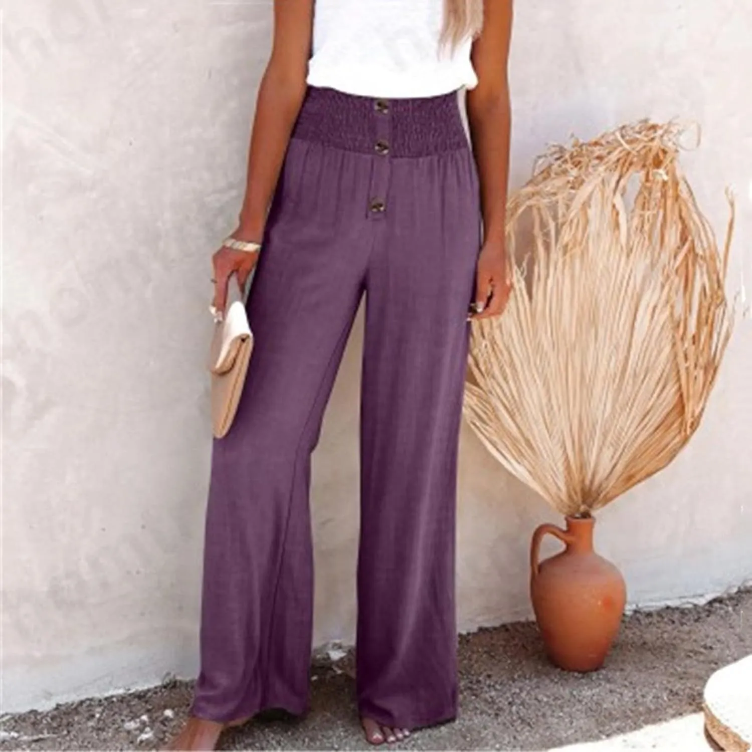 High Waisted Linen Pants Women Wide Leg Linen Pants for Women Baggy Breathable Flowy Pants Trousers with Pockets