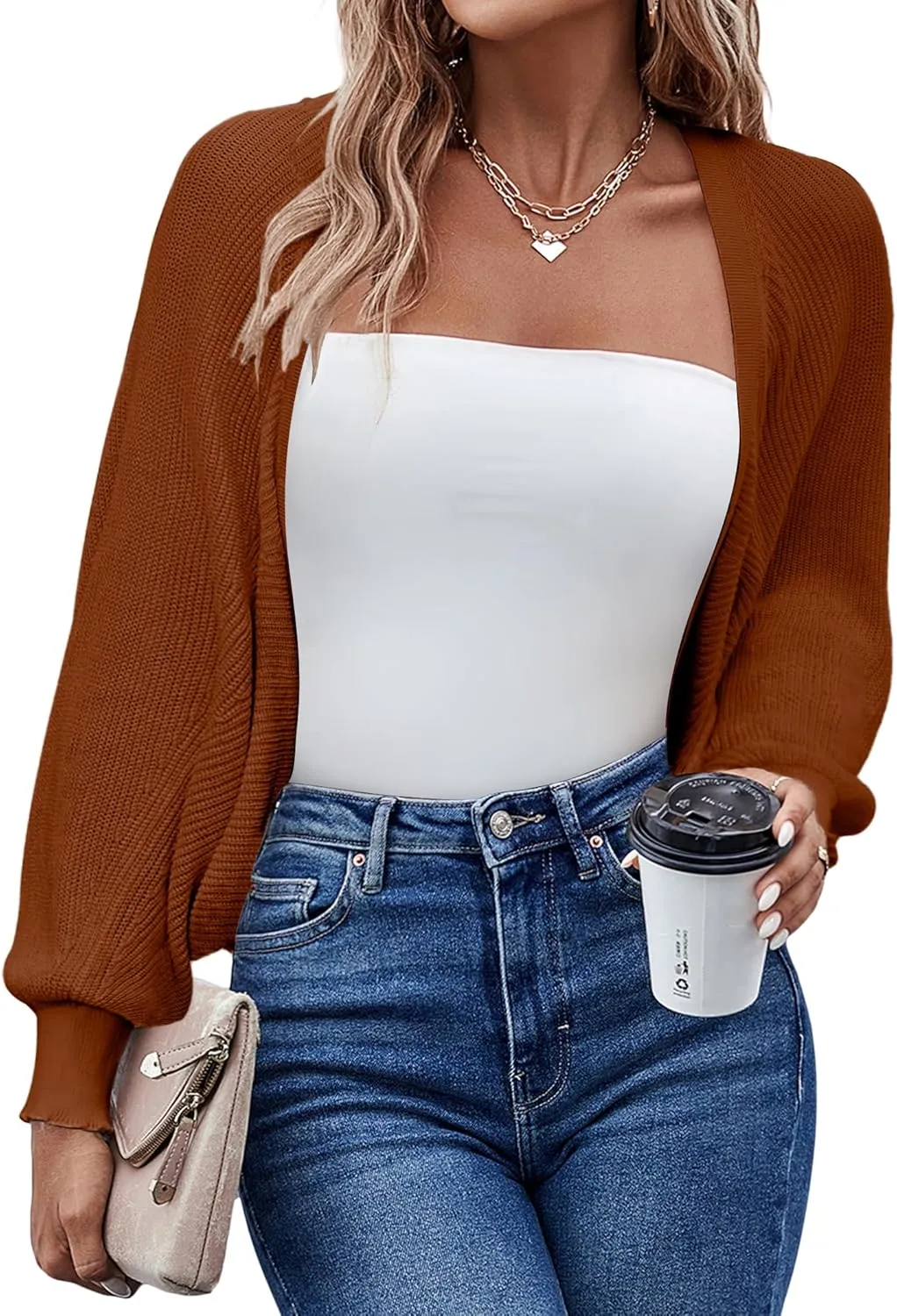 HOTOUCH Women's Cardigan Shrugs Long Batwing Sleeve Knitted Cropped Bolero Open Front Casual Elegant Cardigans for Dresses