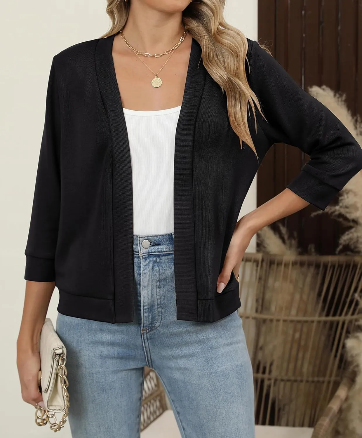 Hount Womens 3/4 Sleeve Cropped Cardigans Lightweight Casual Open Front Bolero Shrugs Sweaters