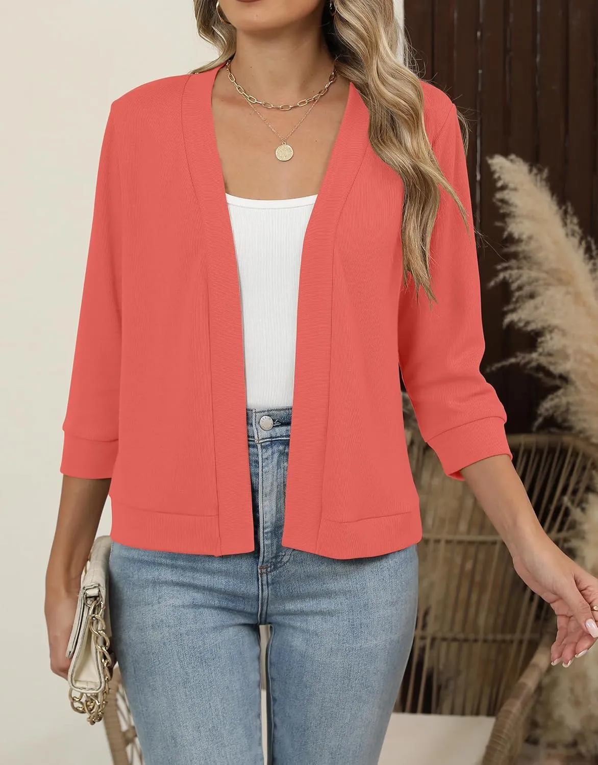 Hount Womens 3/4 Sleeve Cropped Cardigans Lightweight Casual Open Front Bolero Shrugs Sweaters