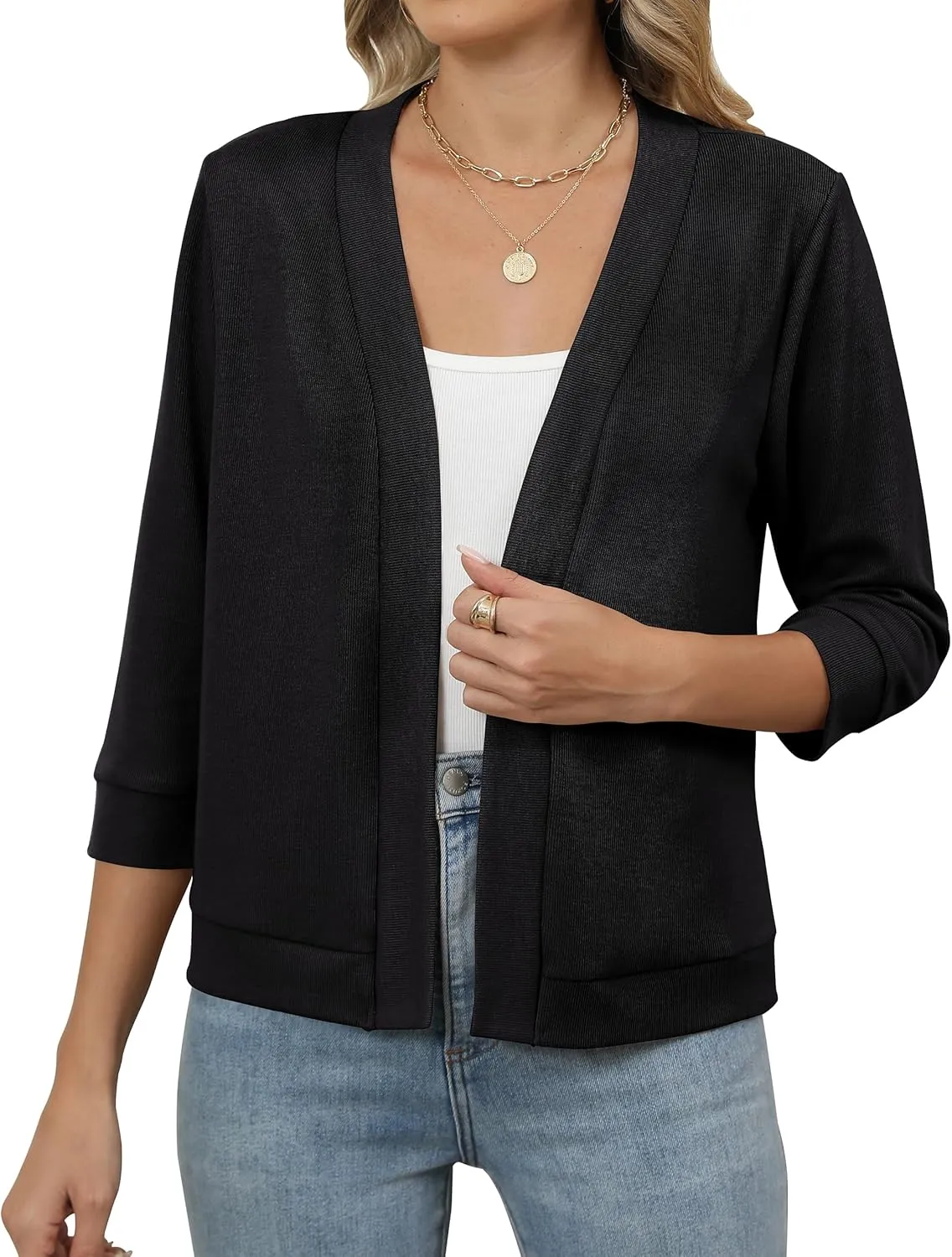 Hount Womens 3/4 Sleeve Cropped Cardigans Lightweight Casual Open Front Bolero Shrugs Sweaters