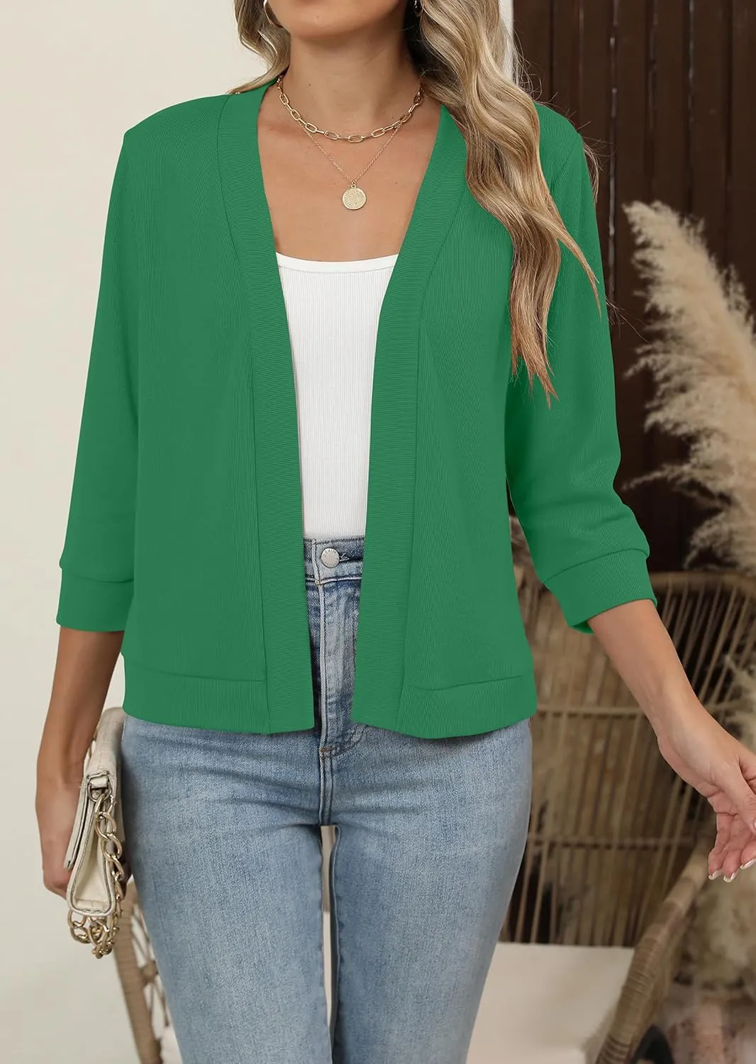 Hount Womens 3/4 Sleeve Cropped Cardigans Lightweight Casual Open Front Bolero Shrugs Sweaters