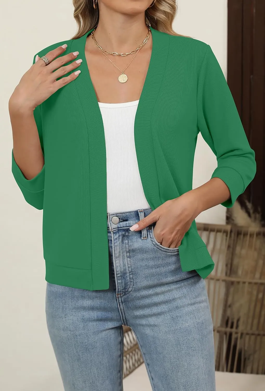 Hount Womens 3/4 Sleeve Cropped Cardigans Lightweight Casual Open Front Bolero Shrugs Sweaters