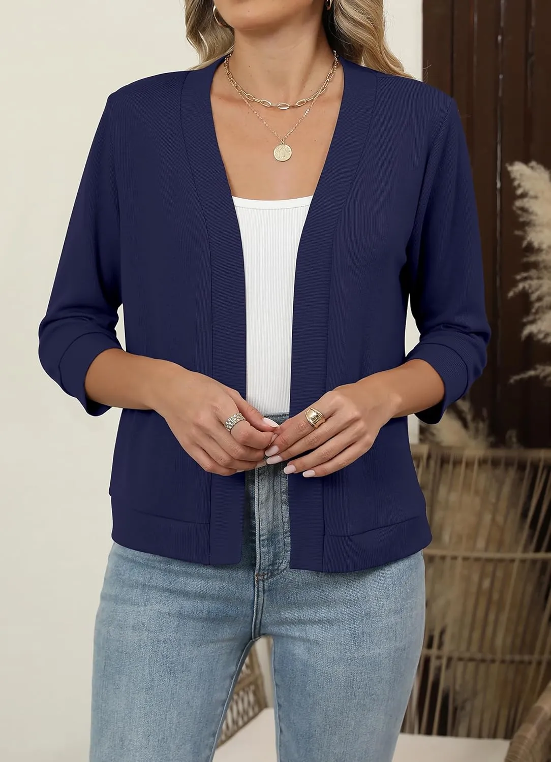 Hount Womens 3/4 Sleeve Cropped Cardigans Lightweight Casual Open Front Bolero Shrugs Sweaters
