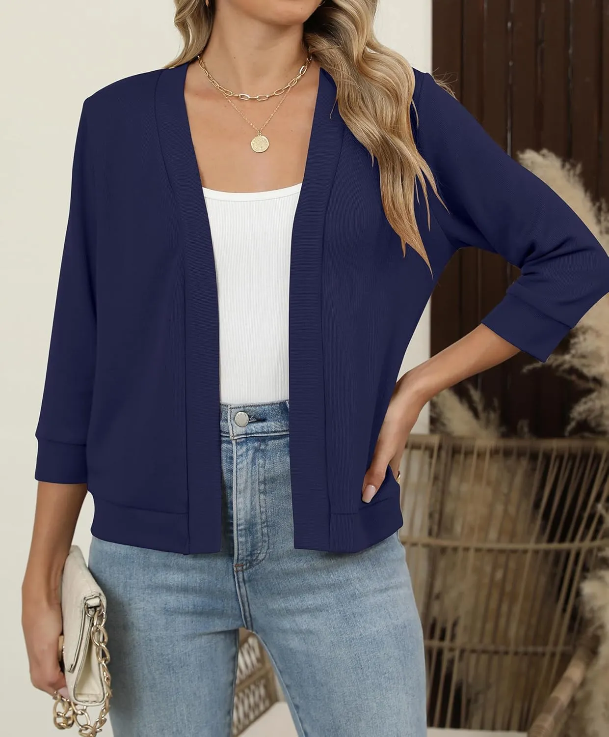 Hount Womens 3/4 Sleeve Cropped Cardigans Lightweight Casual Open Front Bolero Shrugs Sweaters