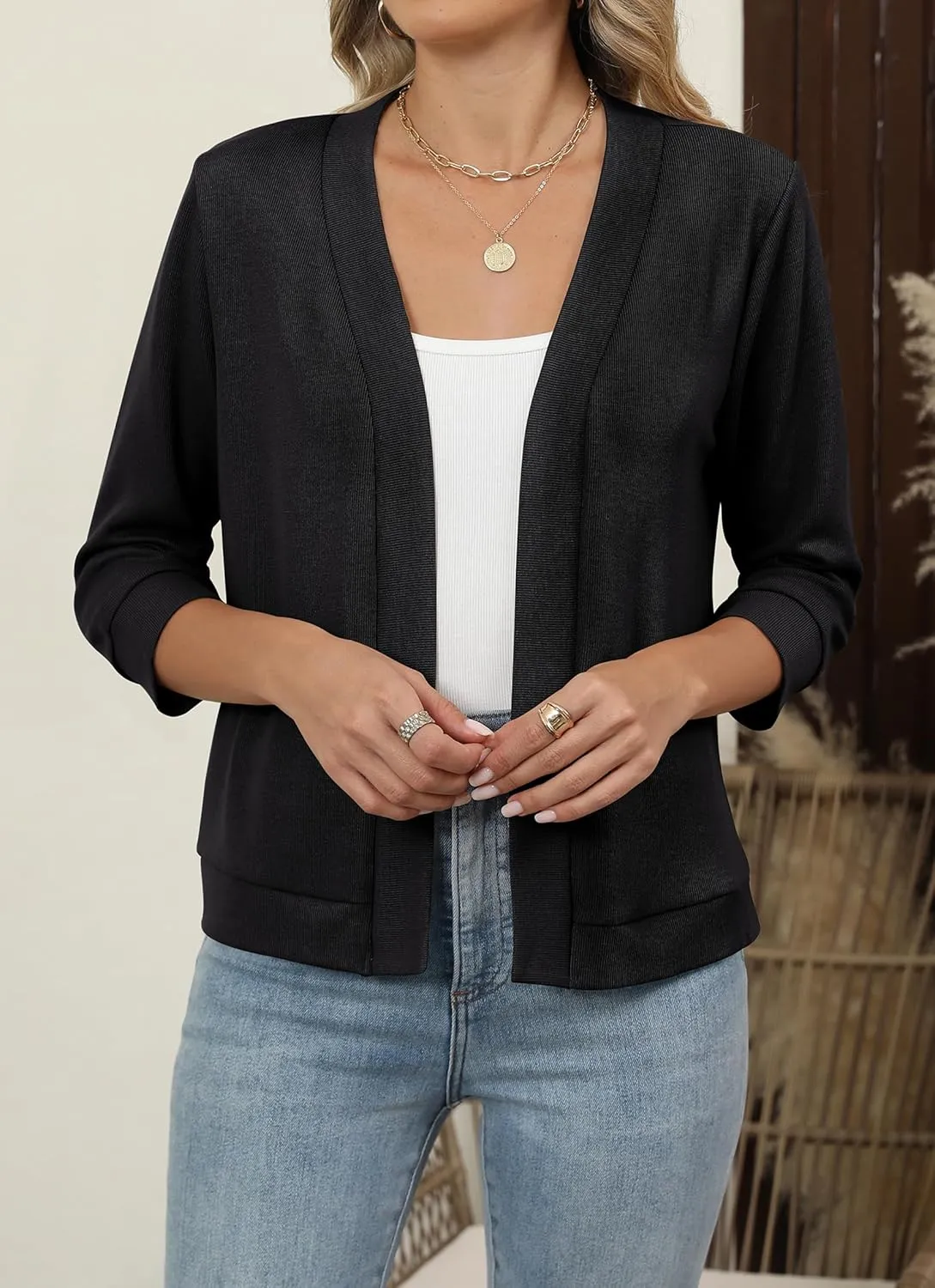 Hount Womens 3/4 Sleeve Cropped Cardigans Lightweight Casual Open Front Bolero Shrugs Sweaters
