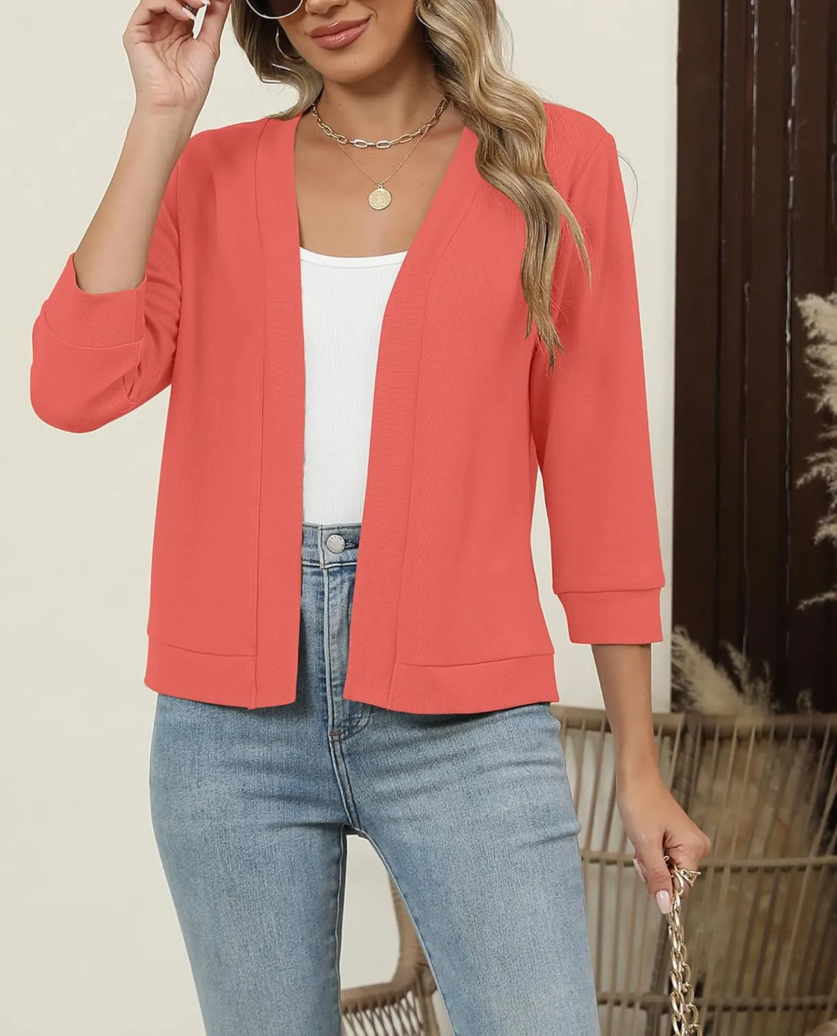 Hount Womens 3/4 Sleeve Cropped Cardigans Lightweight Casual Open Front Bolero Shrugs Sweaters