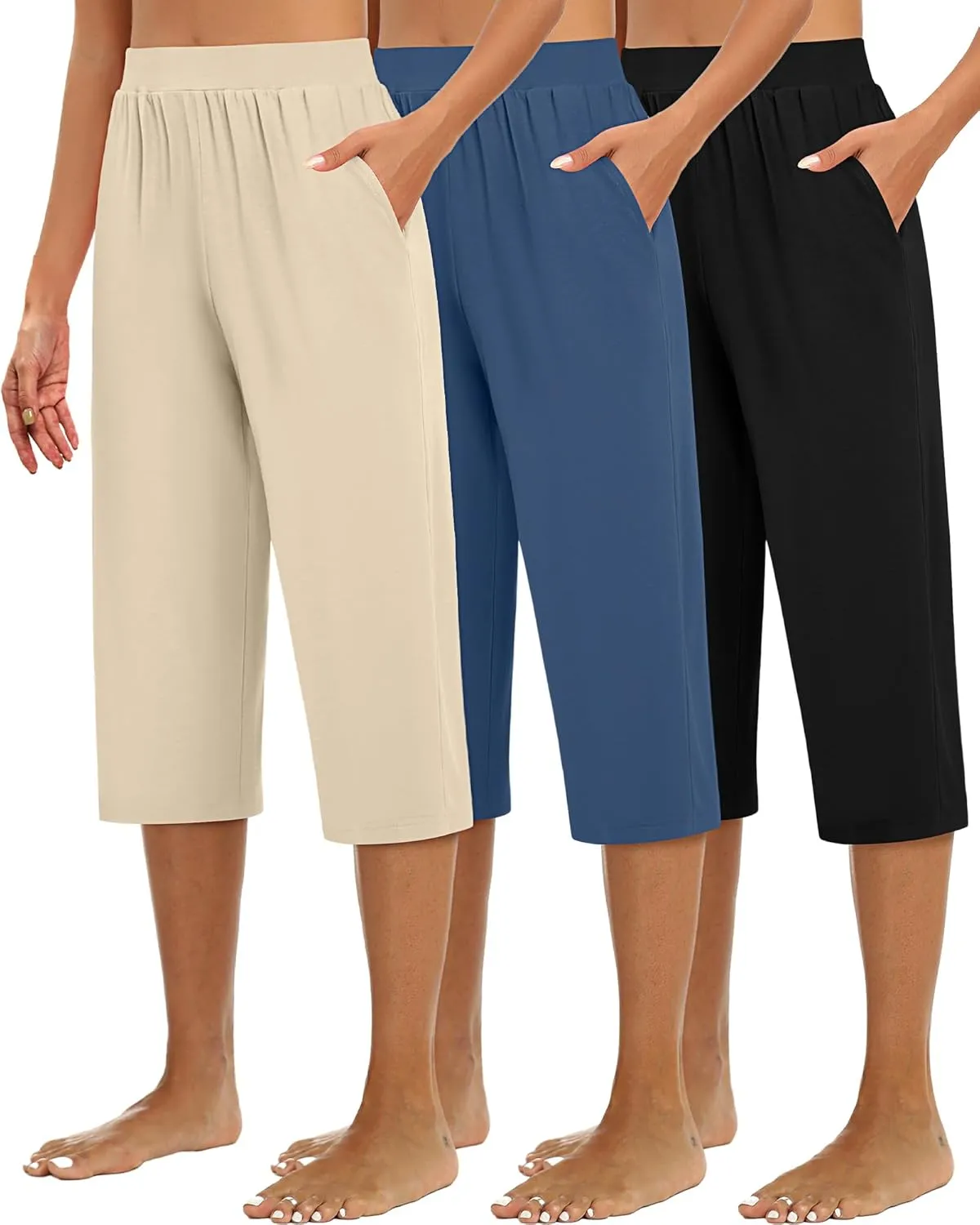 Huukeay 3 Pack Women's Capri Sweatpants, Cozy Wide Legs Cropped Capri with Pockets, Lounge Jogger Pants Workout Yoga Solid