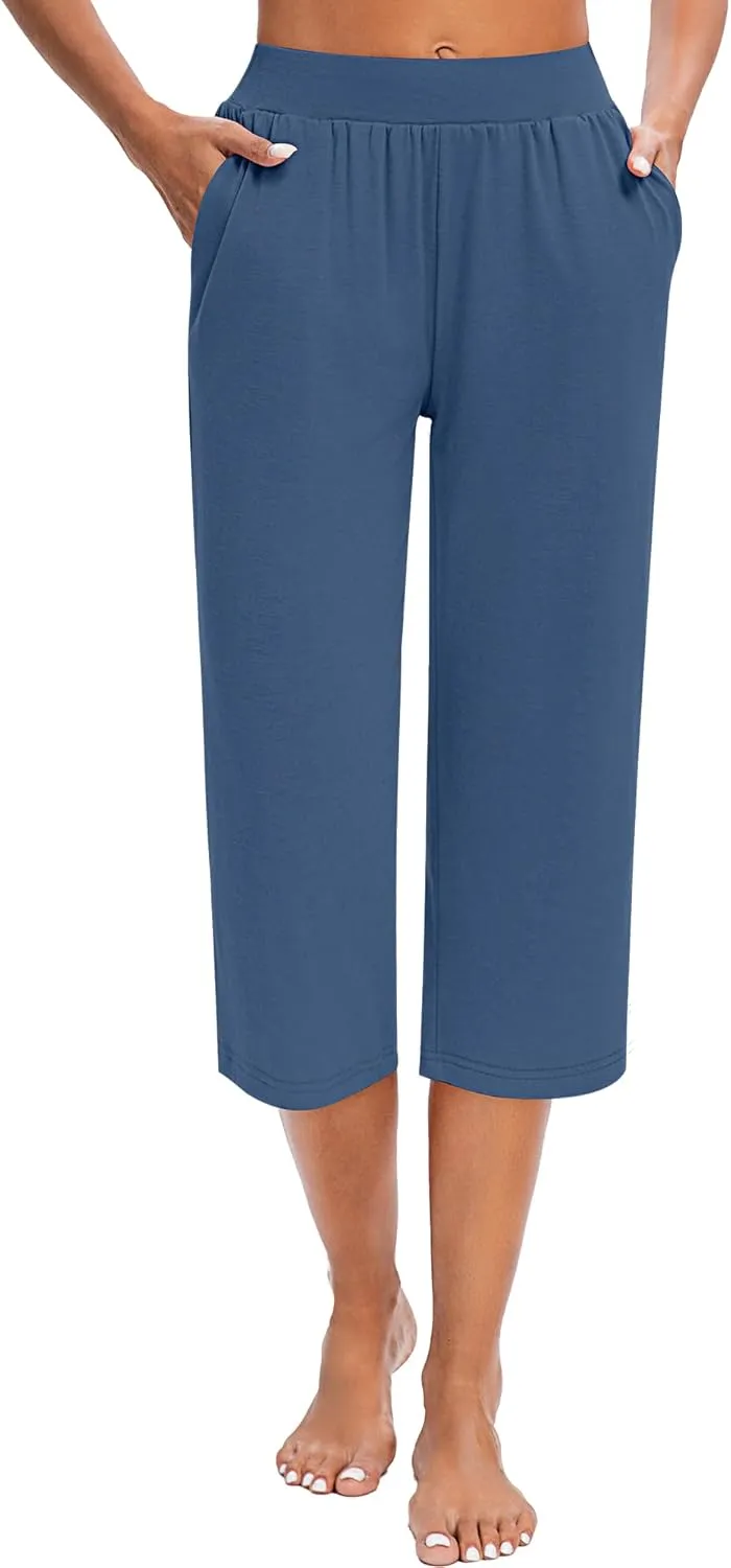 Huukeay 3 Pack Women's Capri Sweatpants, Cozy Wide Legs Cropped Capri with Pockets, Lounge Jogger Pants Workout Yoga Solid