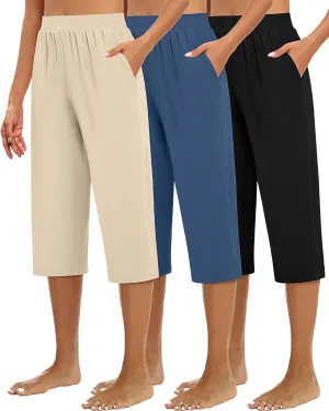 Huukeay 3 Pack Women's Capri Sweatpants, Cozy Wide Legs Cropped Capri with Pockets, Lounge Jogger Pants Workout Yoga Solid
