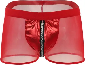 JEsilunmaMY Mesh Leather Boxers for Men Mid Waist Zip Pouch Underwear Lingerie See Through Breathable Briefs Sexy Panties