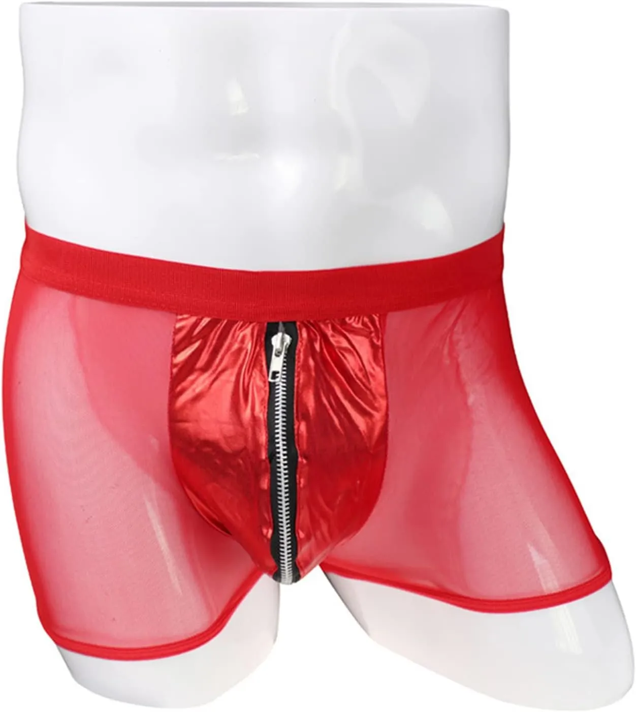 JEsilunmaMY Mesh Leather Boxers for Men Mid Waist Zip Pouch Underwear Lingerie See Through Breathable Briefs Sexy Panties