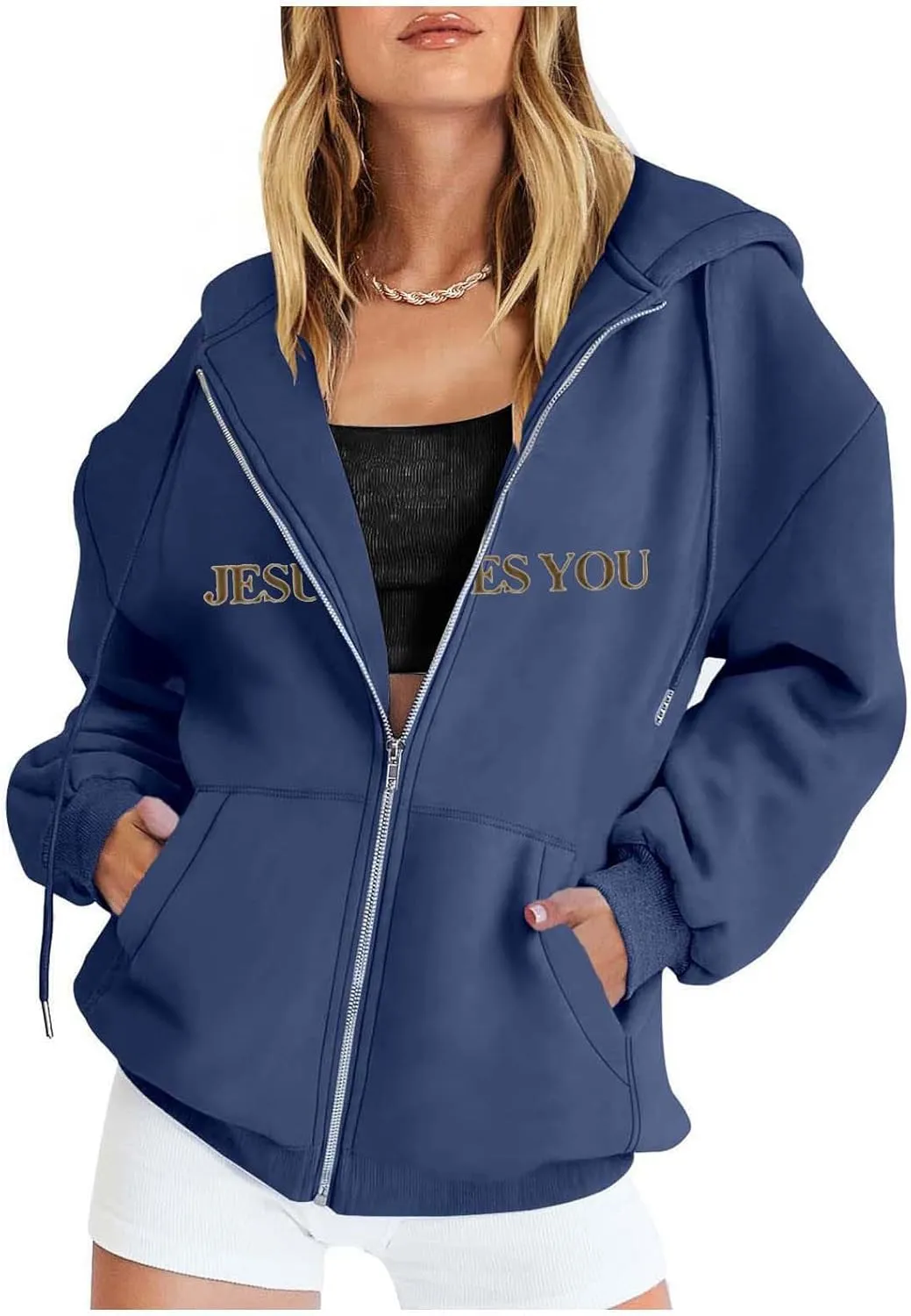 Jesus Loves You Zip Up Christian Hoodies for Women Bible Verse Oversized Long Sleeve Pockets Drawstring Sweatshirts