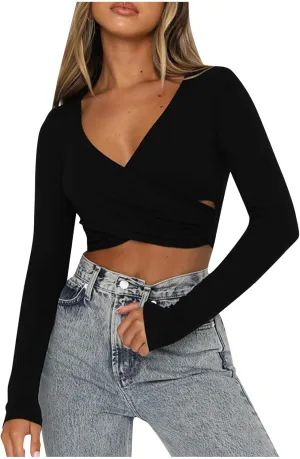 jovati 2024 Fashion Casual T-shirt Women's Cropped Solid Color Long Sleeved V-Neck Top Sexy Elegant Tunic Tops Y2k Clothes