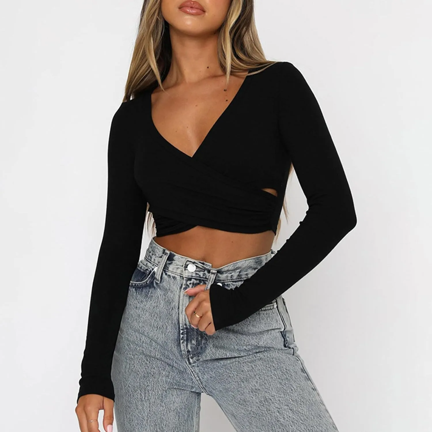 jovati 2024 Fashion Casual T-shirt Women's Cropped Solid Color Long Sleeved V-Neck Top Sexy Elegant Tunic Tops Y2k Clothes