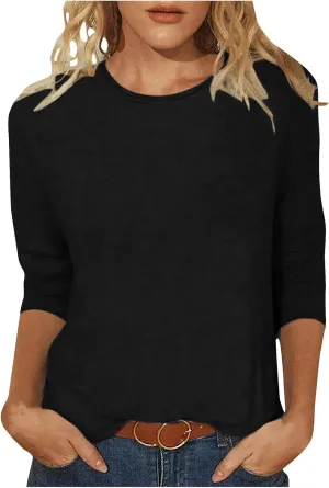 jovati Summer 3/4 Sleeve Tops For Women 2024 Crewneck Basic Blouses Casual Loose Fit Pullover Cute Going Out Shirts