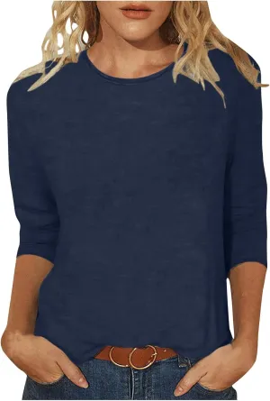 jovati Summer 3/4 Sleeve Tops For Women 2024 Crewneck Basic Blouses Casual Loose Fit Pullover Cute Going Out Shirts