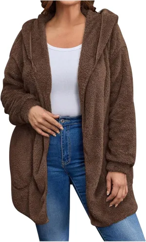 jovati Womens Winter Long Sleeve Solid Fuzzy Fleece Open Front Hooded Cardigans Jacket Coats Outerwear with Pocket 2024