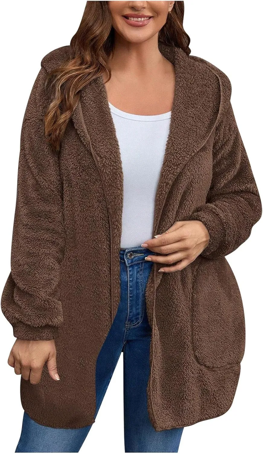 jovati Womens Winter Long Sleeve Solid Fuzzy Fleece Open Front Hooded Cardigans Jacket Coats Outerwear with Pocket 2024