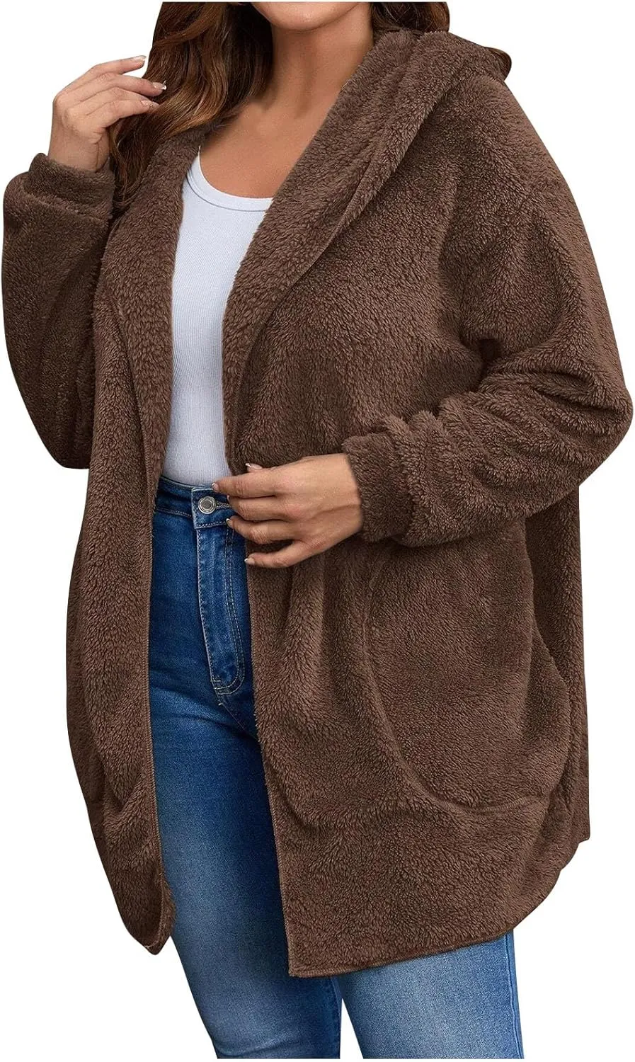 jovati Womens Winter Long Sleeve Solid Fuzzy Fleece Open Front Hooded Cardigans Jacket Coats Outerwear with Pocket 2024