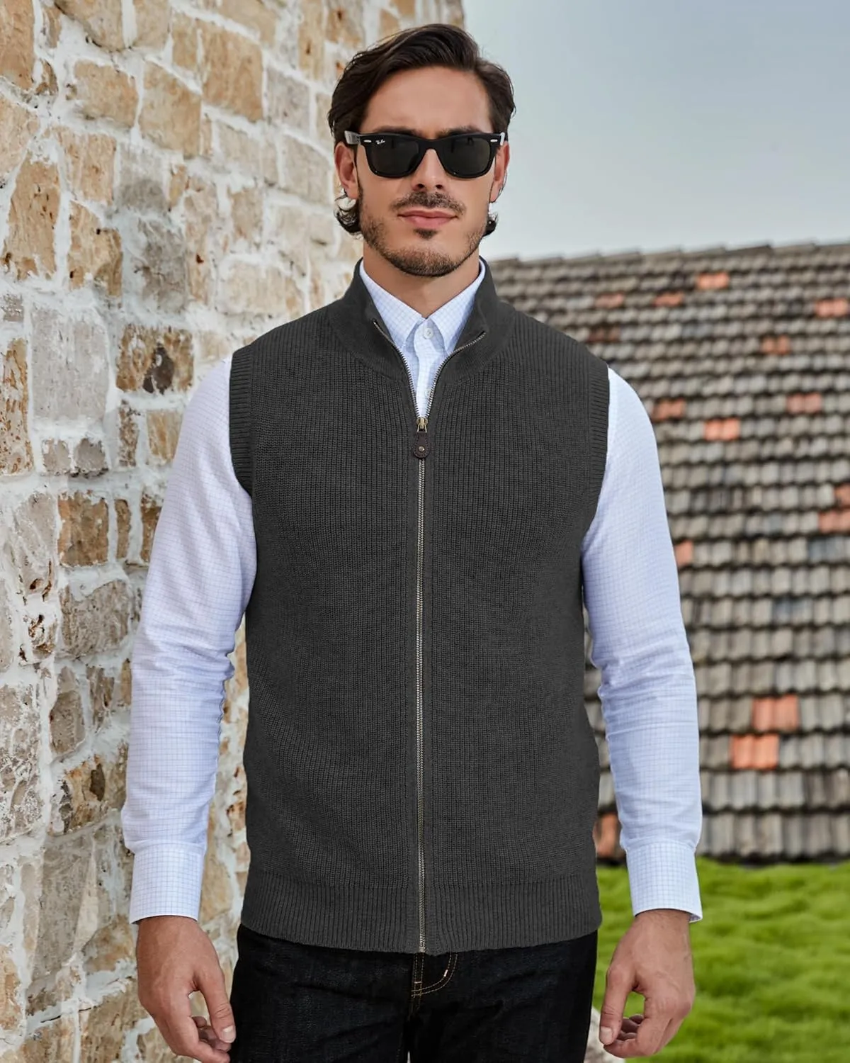 Kallspin Mens Thick Wool Blend Sleeveless Cardigans Full Zip Up Knitted Sweater Vest Casual Outerwear