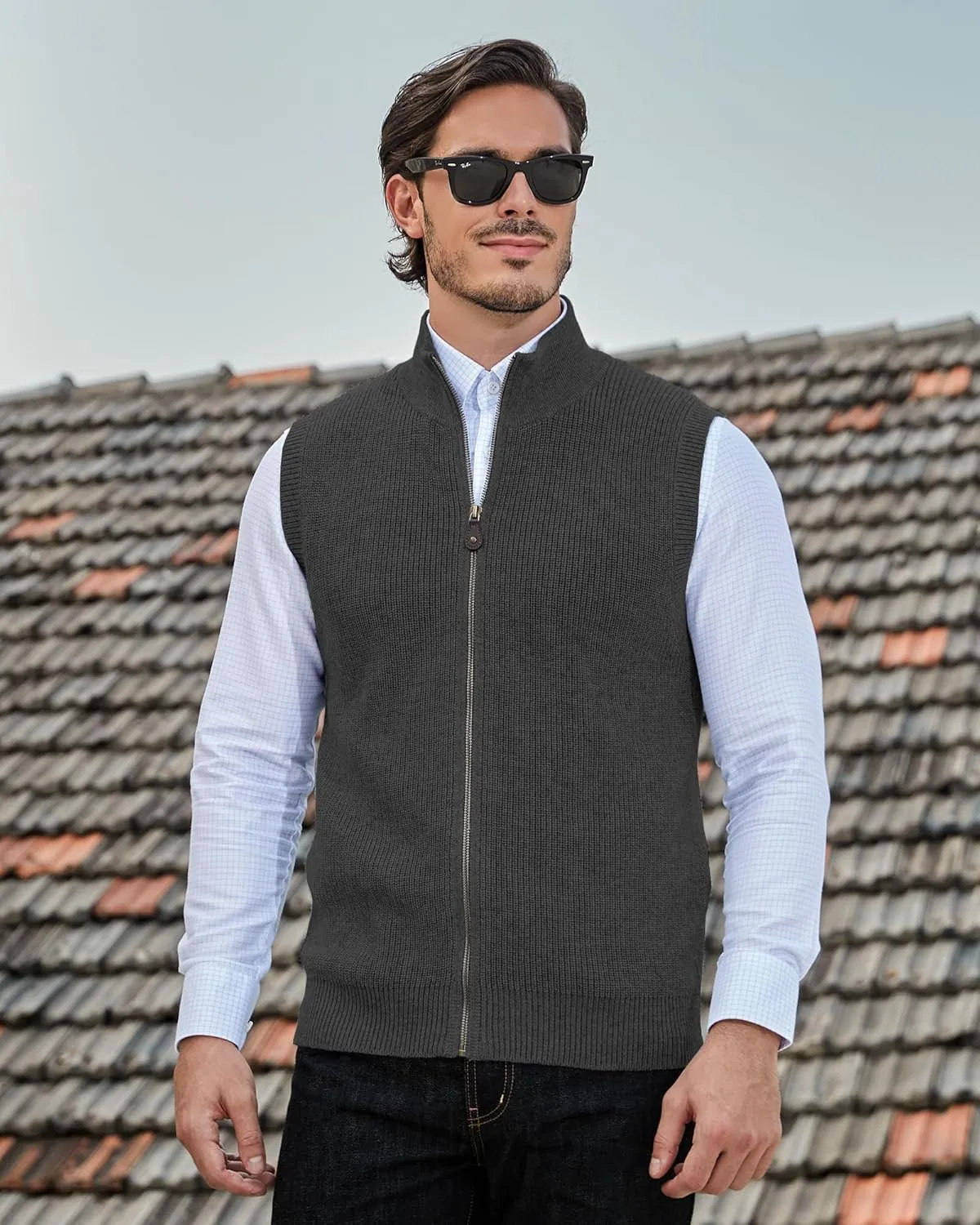 Kallspin Mens Thick Wool Blend Sleeveless Cardigans Full Zip Up Knitted Sweater Vest Casual Outerwear