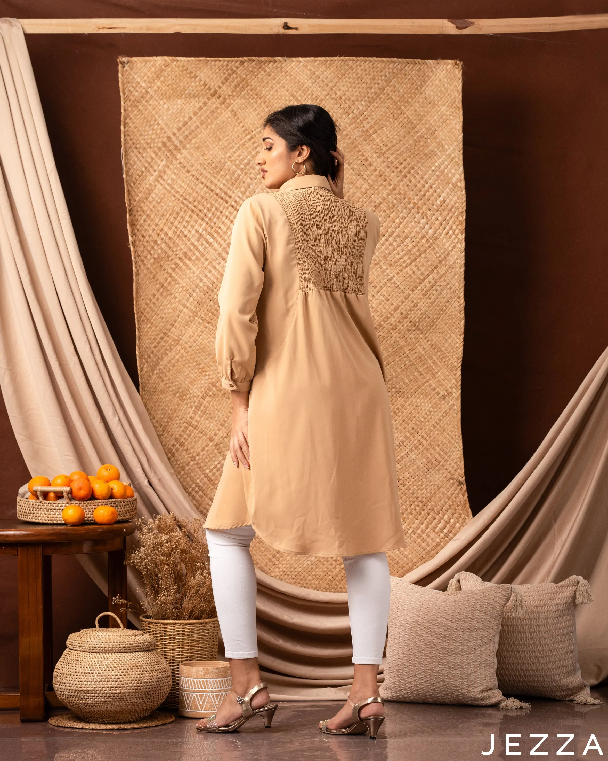 Knee Length Shirt Top With Back Smocking Panel 56722