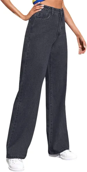 KUIOLYPOER Jeans for Women Wide Leg Jeans Woman Vintage Classic Solid Color High Waisted Straight Stretch Pants with Pockets