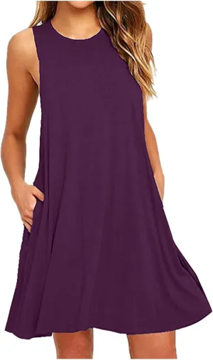 Ladies Mini Dresses with Pockets,Sleeveless Summer Dresses Elegant Plain Tank Dress Casual Loose High Waist Mini Dress