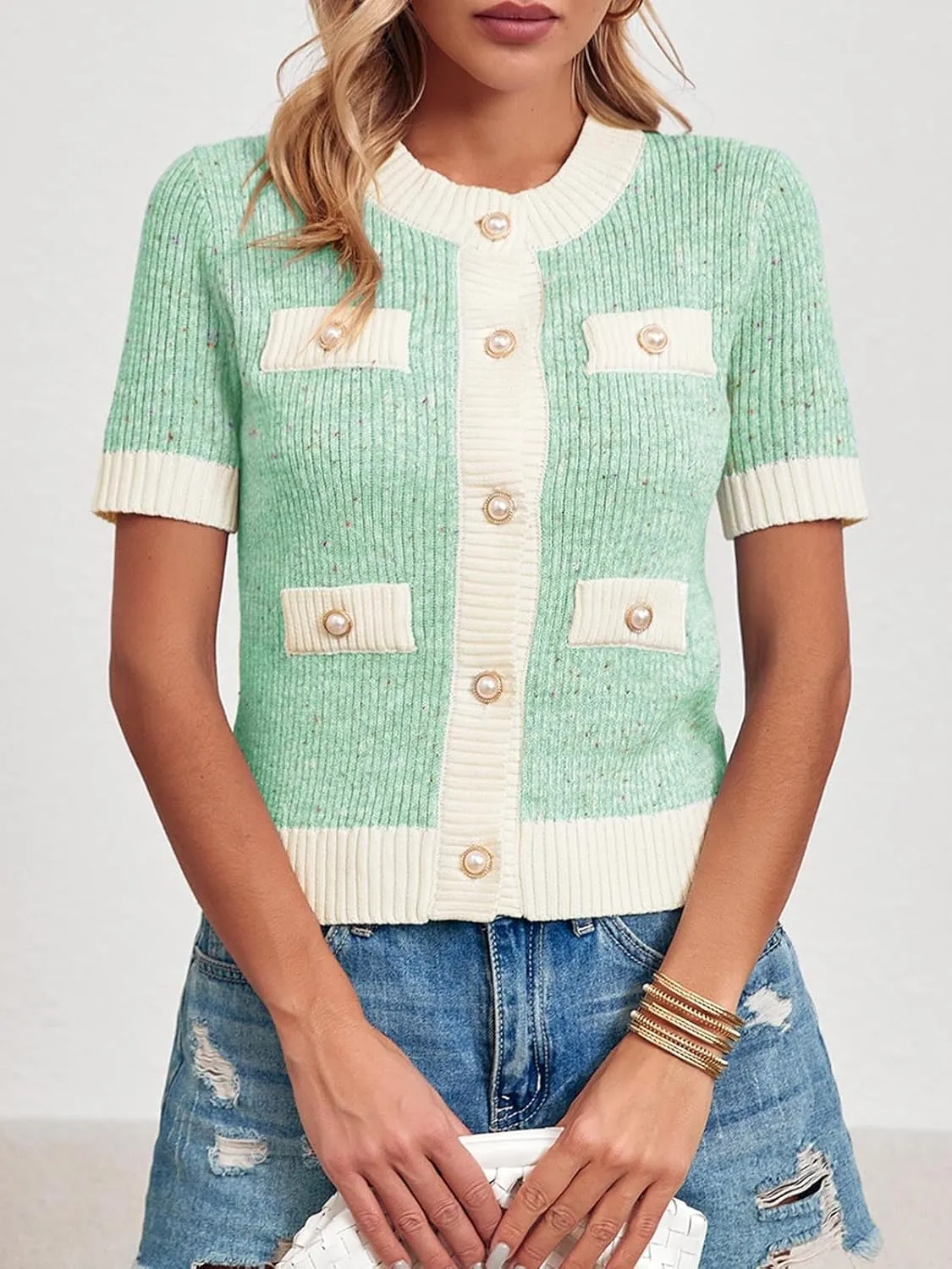 Langwyqu Womens Short Sleeve Button Down Cardigans Sweater Cropped Lightweight Crew Neck Elegant Tops