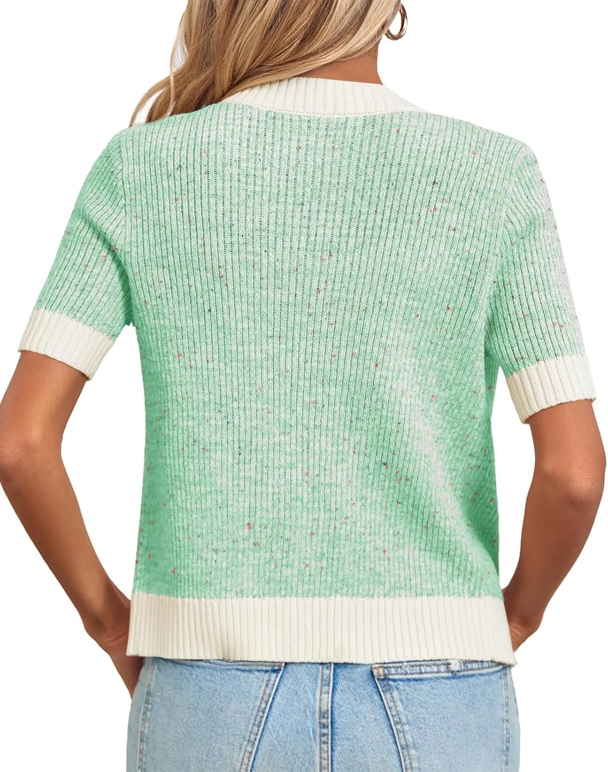 Langwyqu Womens Short Sleeve Button Down Cardigans Sweater Cropped Lightweight Crew Neck Elegant Tops