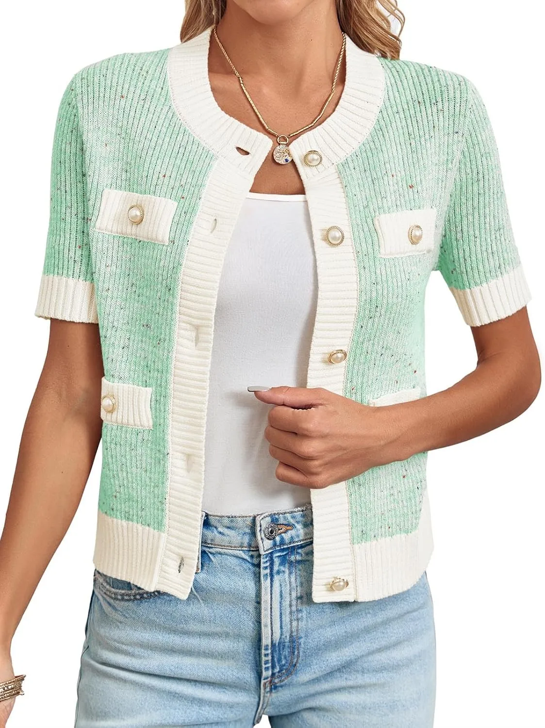 Langwyqu Womens Short Sleeve Button Down Cardigans Sweater Cropped Lightweight Crew Neck Elegant Tops
