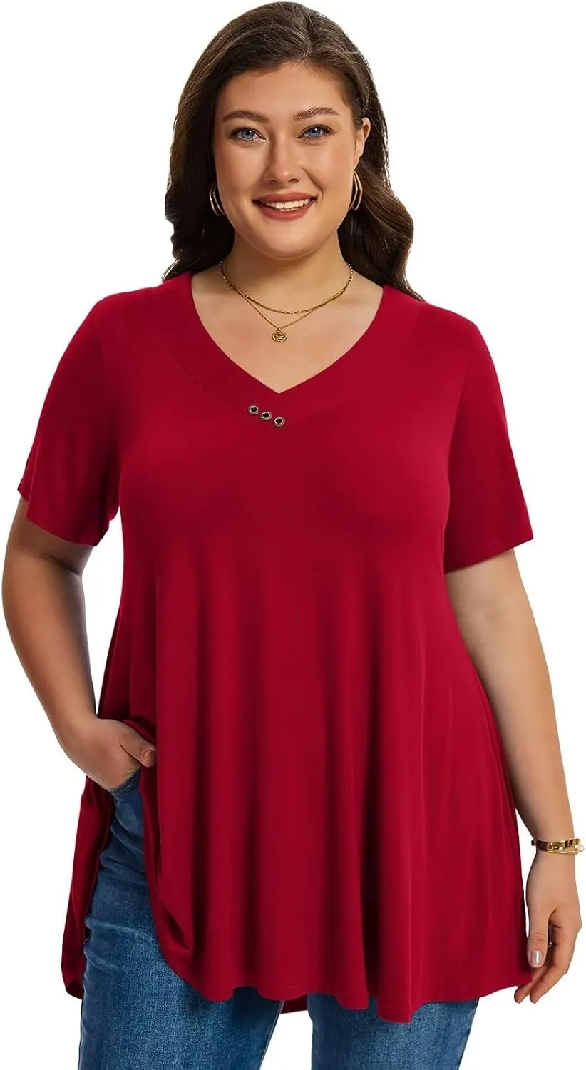 LARACE Plus Size Tops for Womens T Shirts Button Down Summer Clothes Short Sleeve Tunics Casual V Neck Blouses