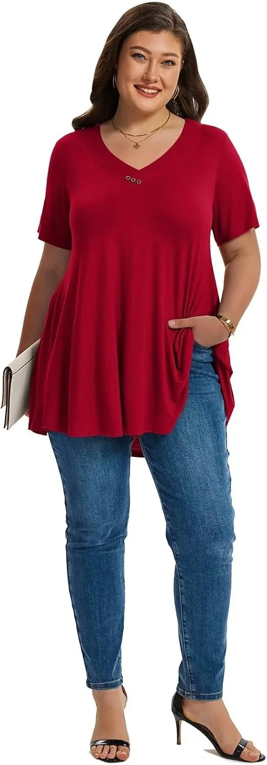 LARACE Plus Size Tops for Womens T Shirts Button Down Summer Clothes Short Sleeve Tunics Casual V Neck Blouses