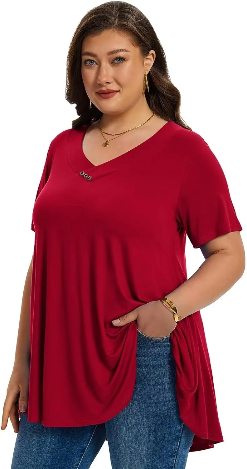LARACE Plus Size Tops for Womens T Shirts Button Down Summer Clothes Short Sleeve Tunics Casual V Neck Blouses