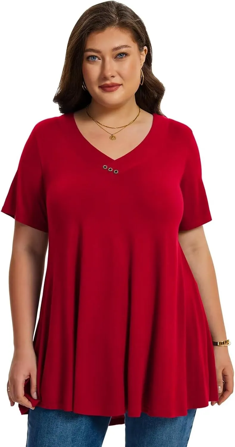 LARACE Plus Size Tops for Womens T Shirts Button Down Summer Clothes Short Sleeve Tunics Casual V Neck Blouses